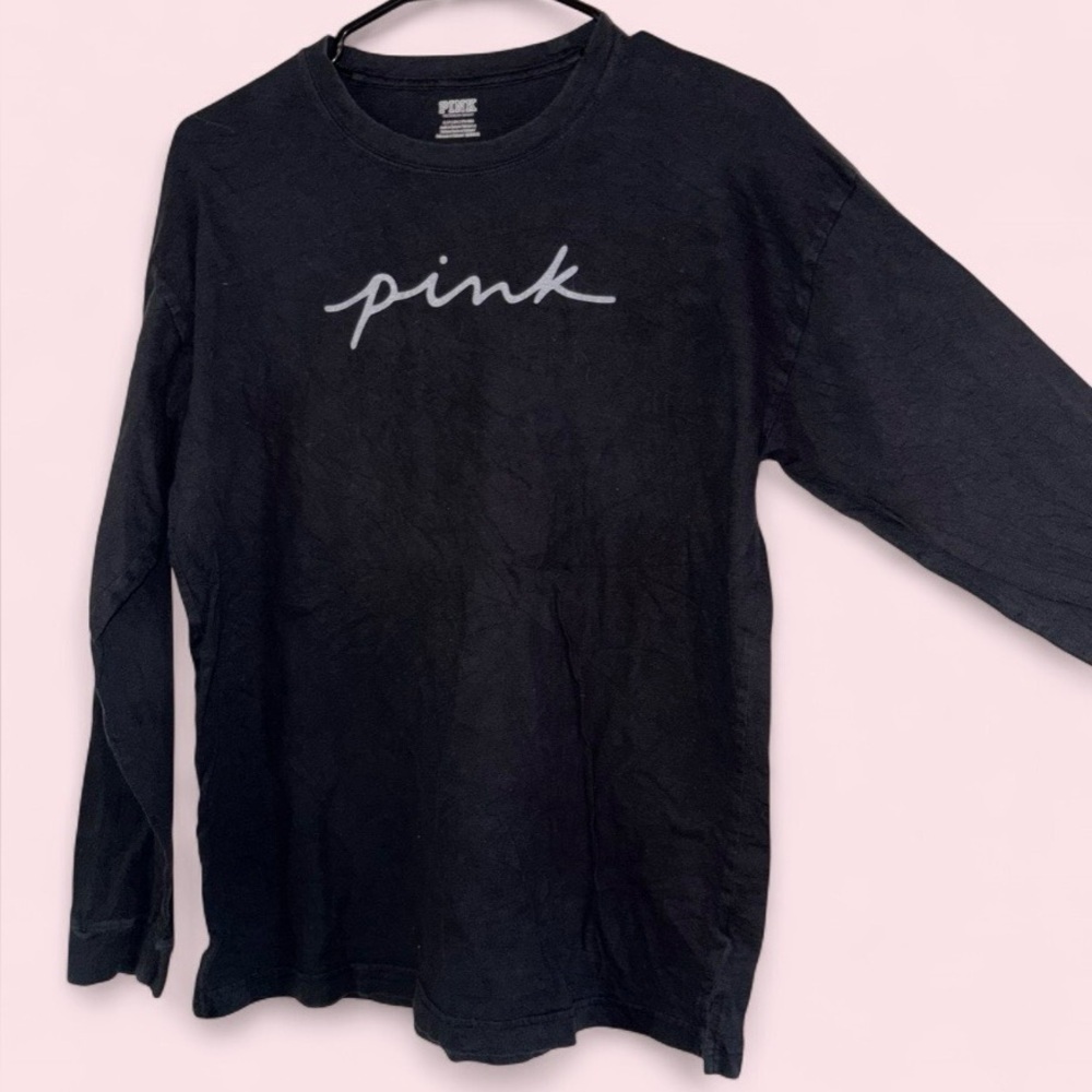 PINK Victoria’s Secret Black Long Sleeve Logo Graphic Tee Size Small - Picture 3 of 6